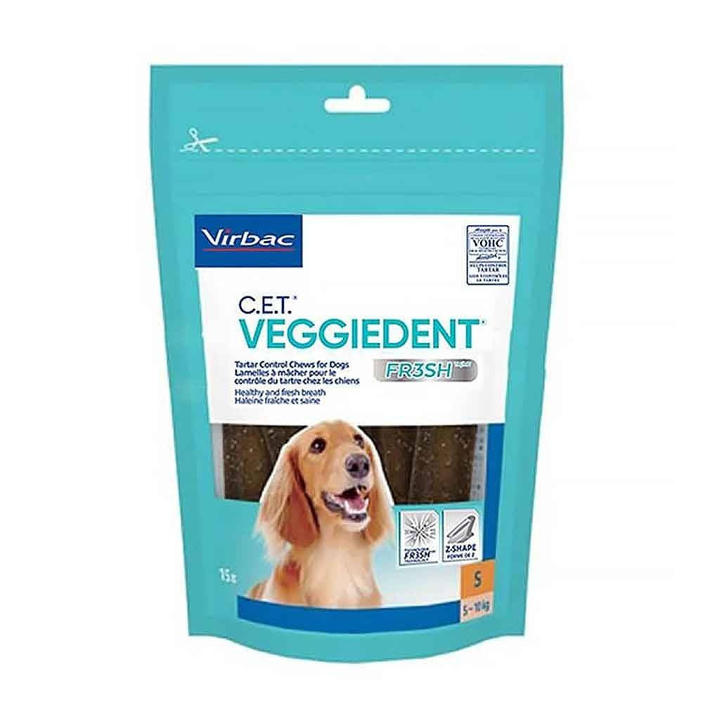 Virbac VeggieDent Dental Treats for small dogs in a package, showcasing their Z-Shape design for easy chewing.