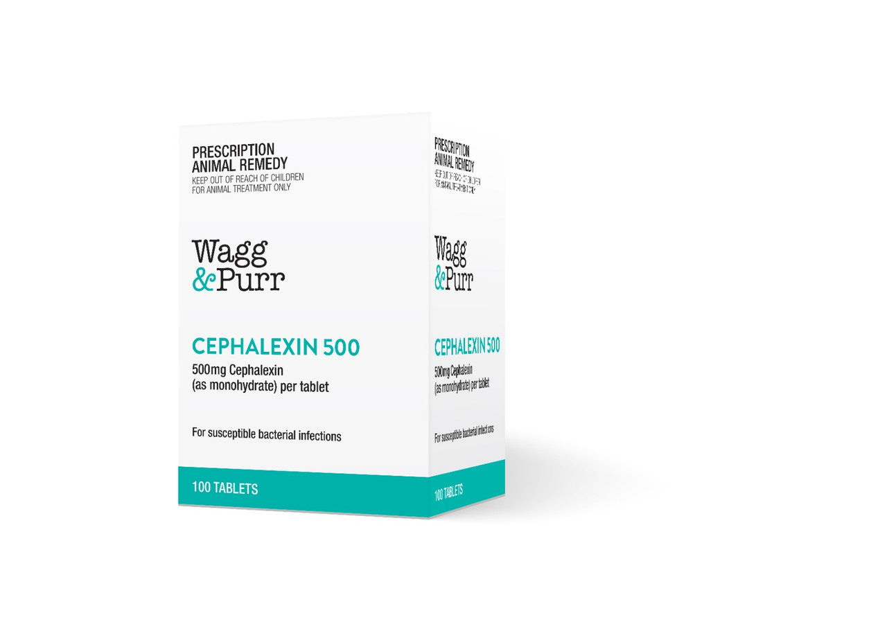 Wagg & Purr Cephalexin 500mg for pets, 100 tablets in a premium dispensing pack, designed to treat bacterial infections.