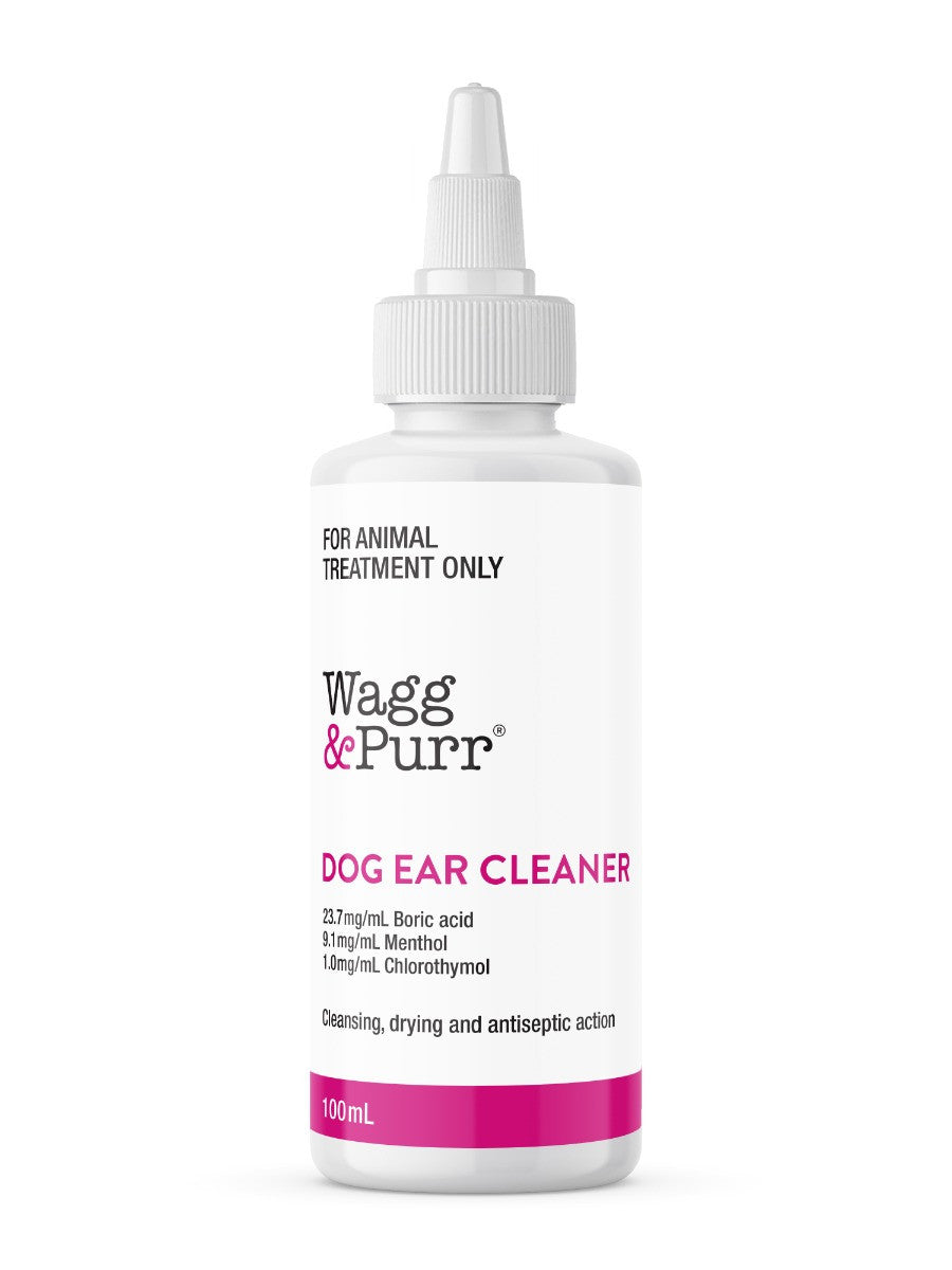 Wagg & Purr Ear Cleaner for Dogs 100ml bottle with a label showing ingredients and usage instructions.