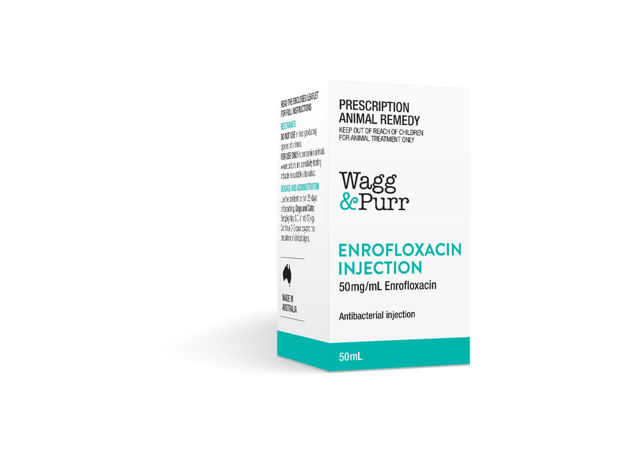 Wagg & Purr Enrofloxacin Injection 50mL vial, a clear liquid antibiotic for pets, labeled with dosage information.