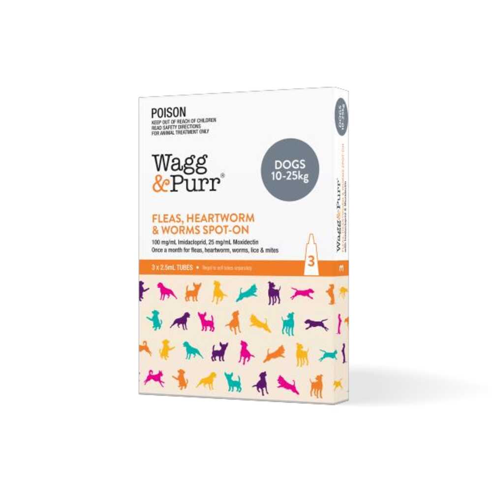 Wagg & Purr Imidacloprid Moxidectin Spot On packaging for dogs 10-25kg, featuring easy-to-use applicator tubes.