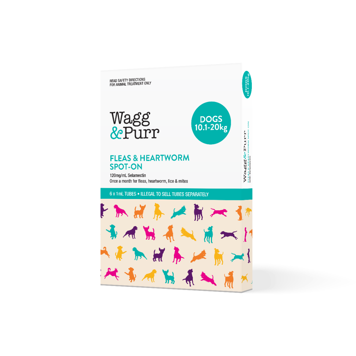 Wagg & Purr Selamectin Spot On Treatment for Dogs in a 6-pack, designed for dogs weighing 10.1-20kg, showcasing the packaging and product details.