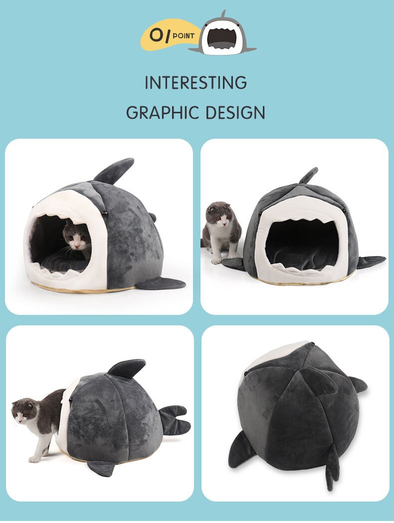Warm Pet Dog Bed in shark shape, made of breathable cotton, perfect for winter comfort for cats and dogs.