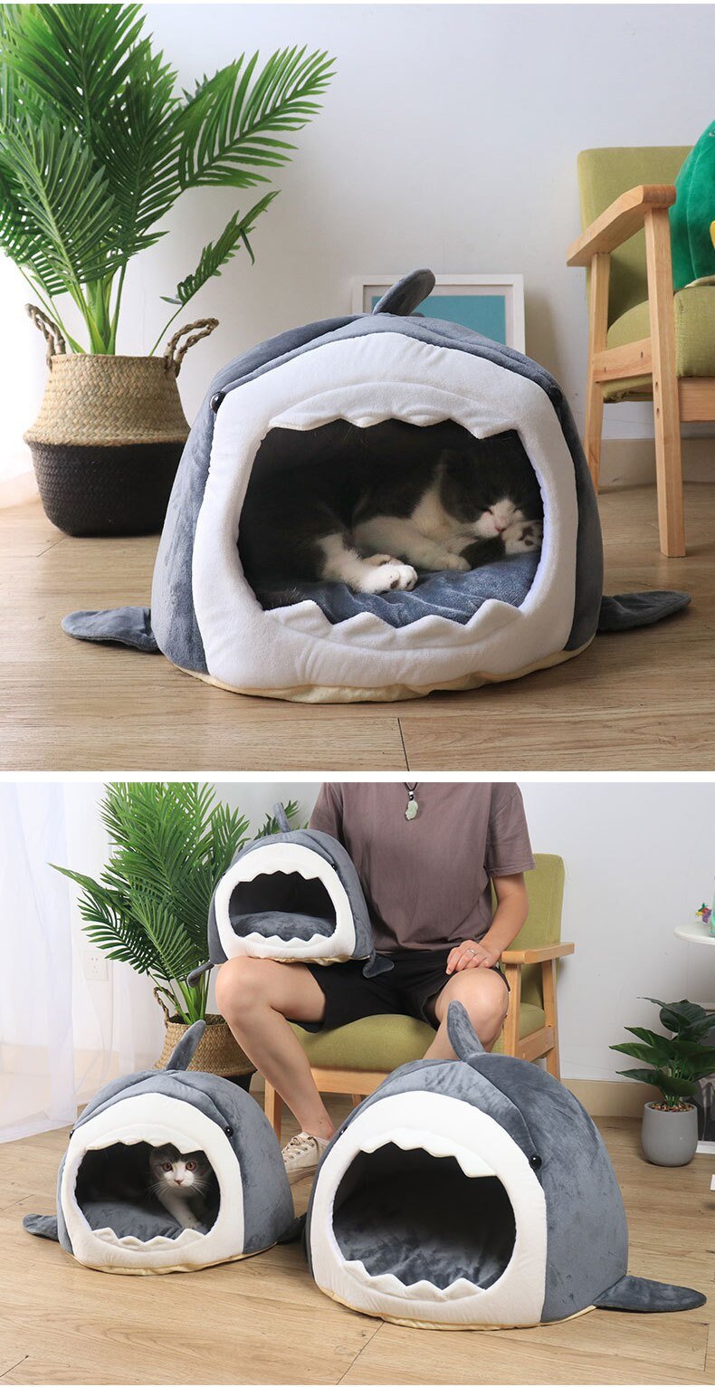 Warm Pet Dog Bed in shark shape, made of breathable cotton, perfect for winter comfort for cats and dogs.