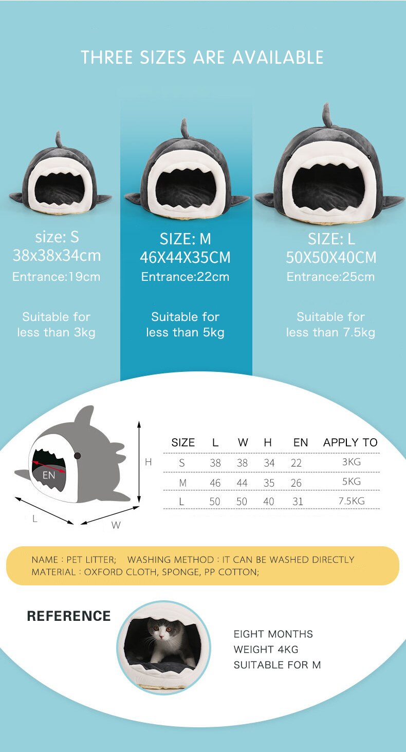 Warm Pet Dog Bed in shark shape, made of breathable cotton, perfect for winter comfort for cats and dogs.