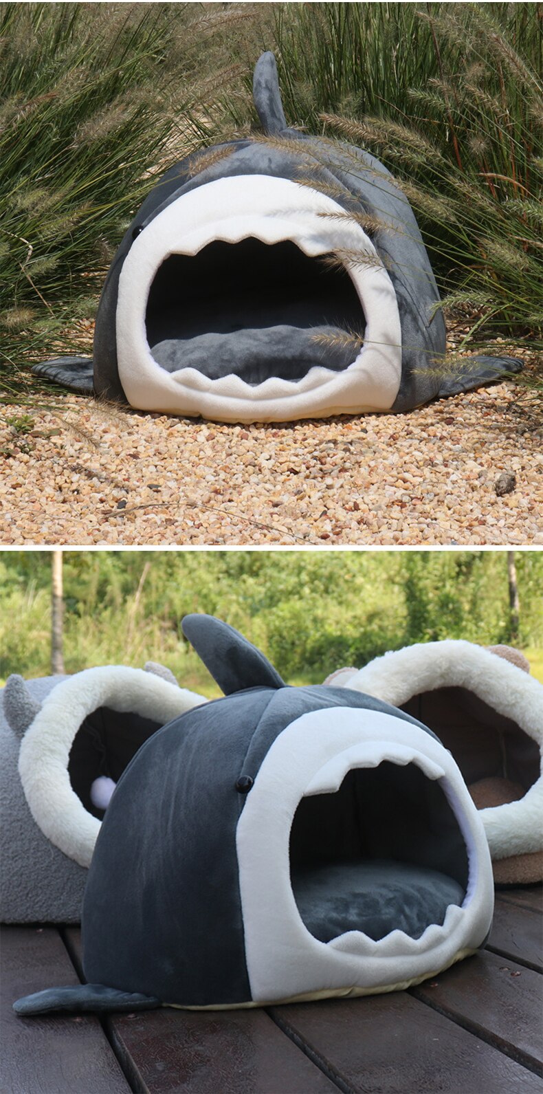 Warm Pet Dog Bed in shark shape, made of breathable cotton, perfect for winter comfort for cats and dogs.