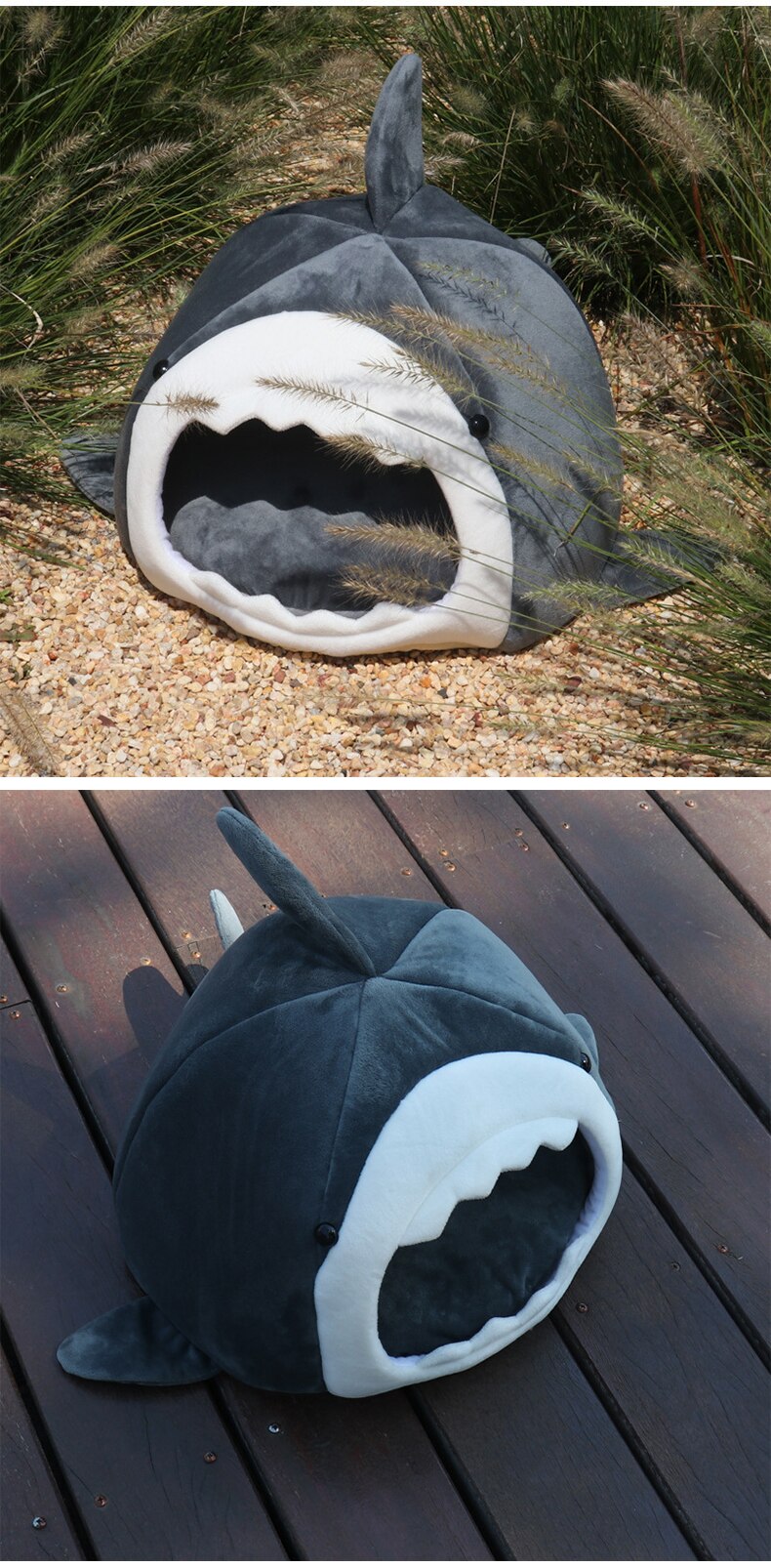Warm Pet Dog Bed in shark shape, made of breathable cotton, perfect for winter comfort for cats and dogs.