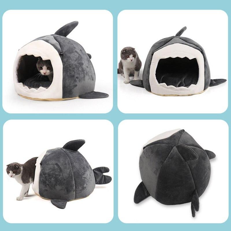 Warm Pet Dog Bed in shark shape, made of breathable cotton, perfect for winter comfort for cats and dogs.