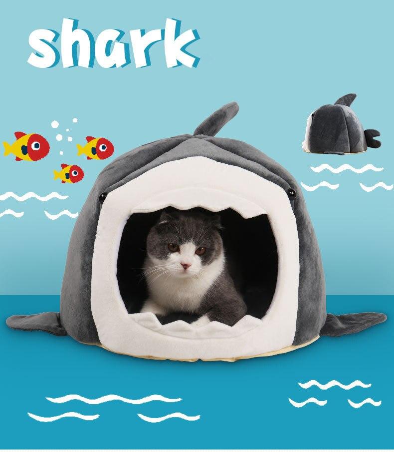 Warm Pet Dog Bed in shark shape, made of breathable cotton, perfect for winter comfort for cats and dogs.