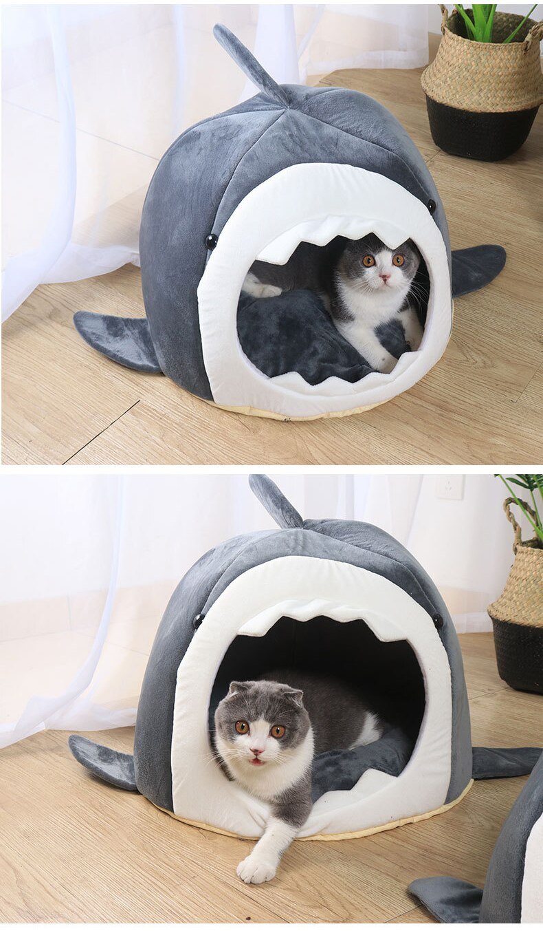 Warm Pet Dog Bed in shark shape, made of breathable cotton, perfect for winter comfort for cats and dogs.