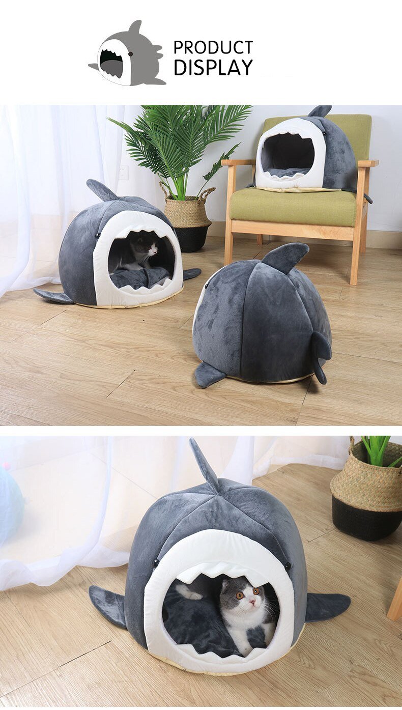 Warm Pet Dog Bed in shark shape, made of breathable cotton, perfect for winter comfort for cats and dogs.