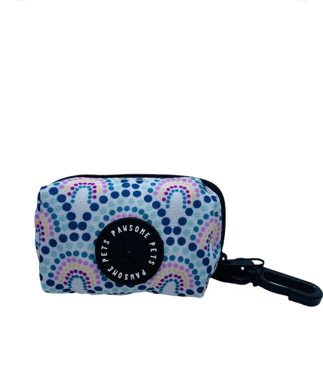 Colorful Rainbow Waste Bag Holder made of durable neoprene, featuring a clip and zipper pull for easy access.