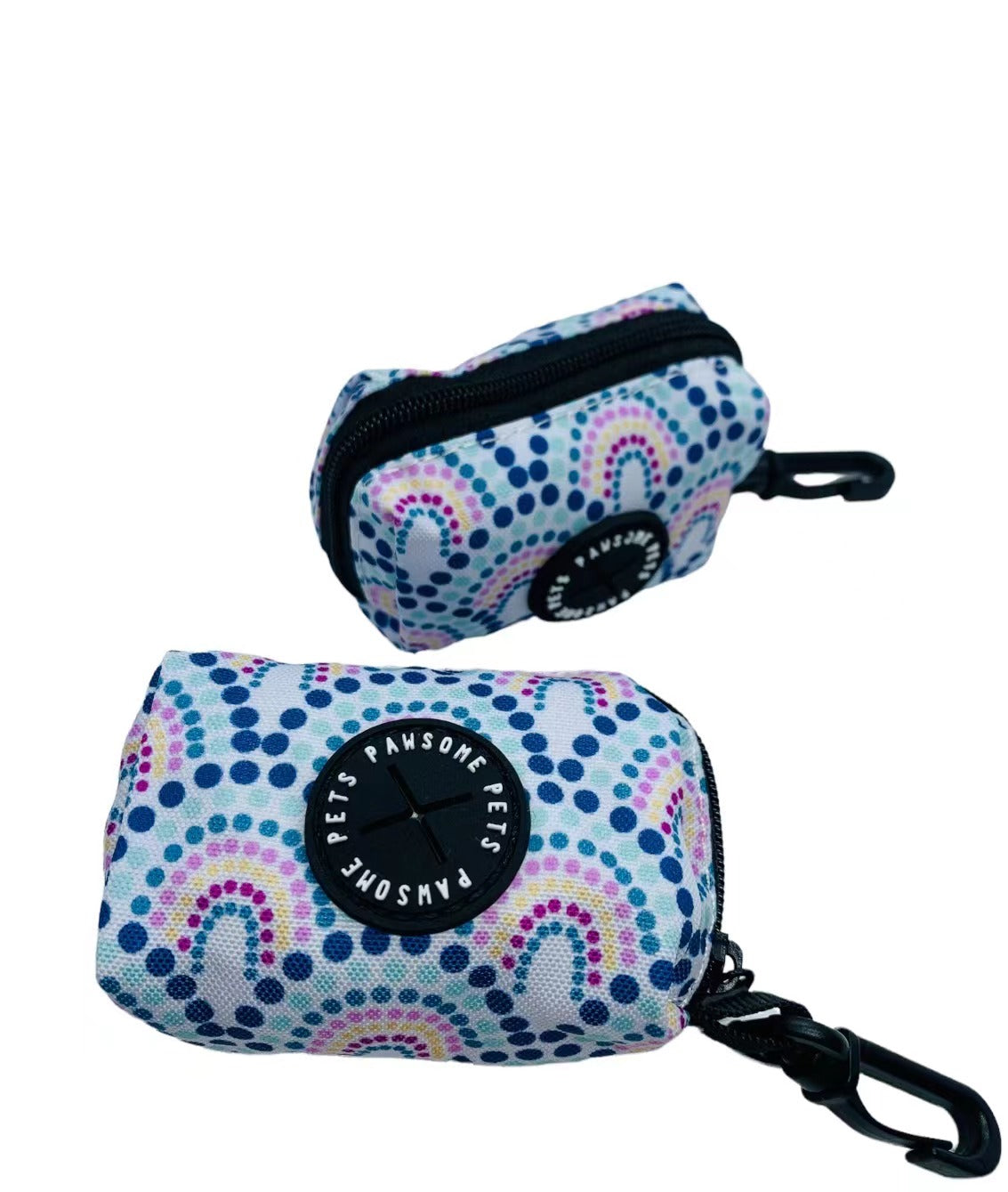 Colorful Rainbow Waste Bag Holder made of durable neoprene, featuring a clip and zipper pull for easy access.