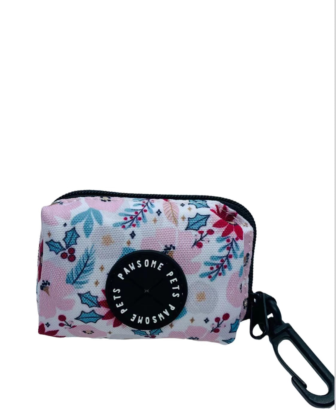 Waste Bag Holder in floral design made of heavyweight neoprene, featuring a black clasp and zipper pull.