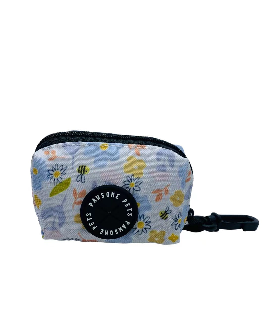 WASTE BAG HOLDER-OH MY BEE made of heavyweight neoprene, featuring a black clasp and small zipper pull, ideal for pet waste bags.