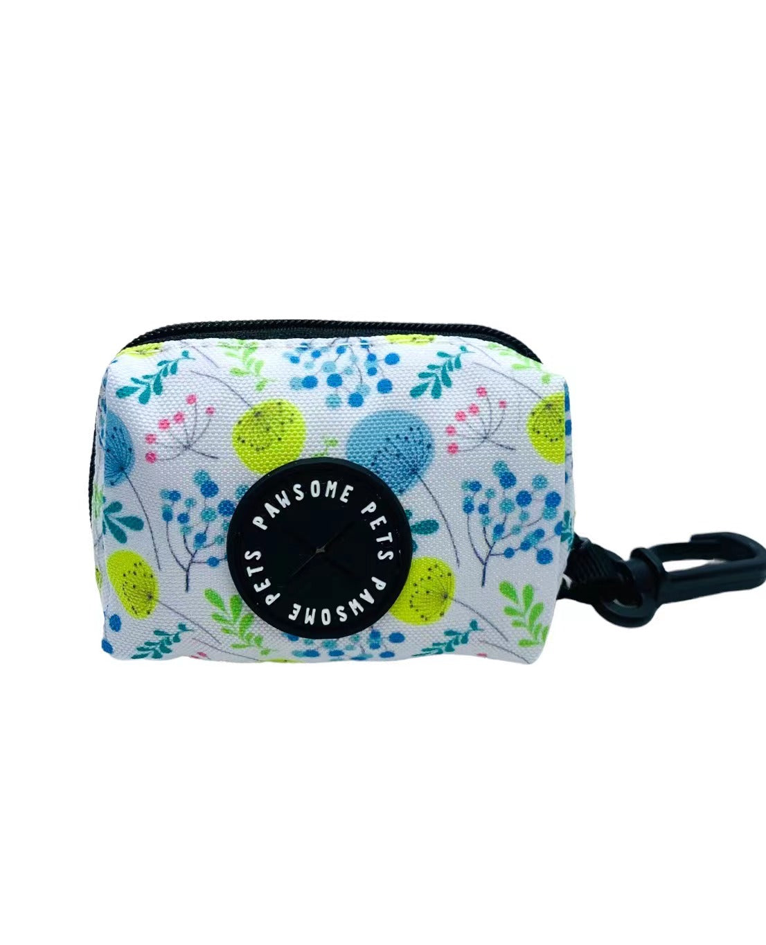 Sky Blue Floral Waste Bag Holder made of heavyweight neoprene, featuring a black clasp and compact design for easy attachment to leashes or bags.