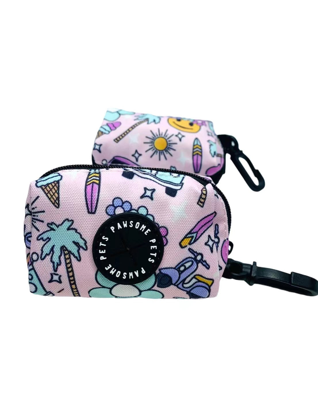 WASTE BAG HOLDER-SMILE EVERYDAY in black neoprene with a waste bag roll attached, showcasing its compact design and clip feature.