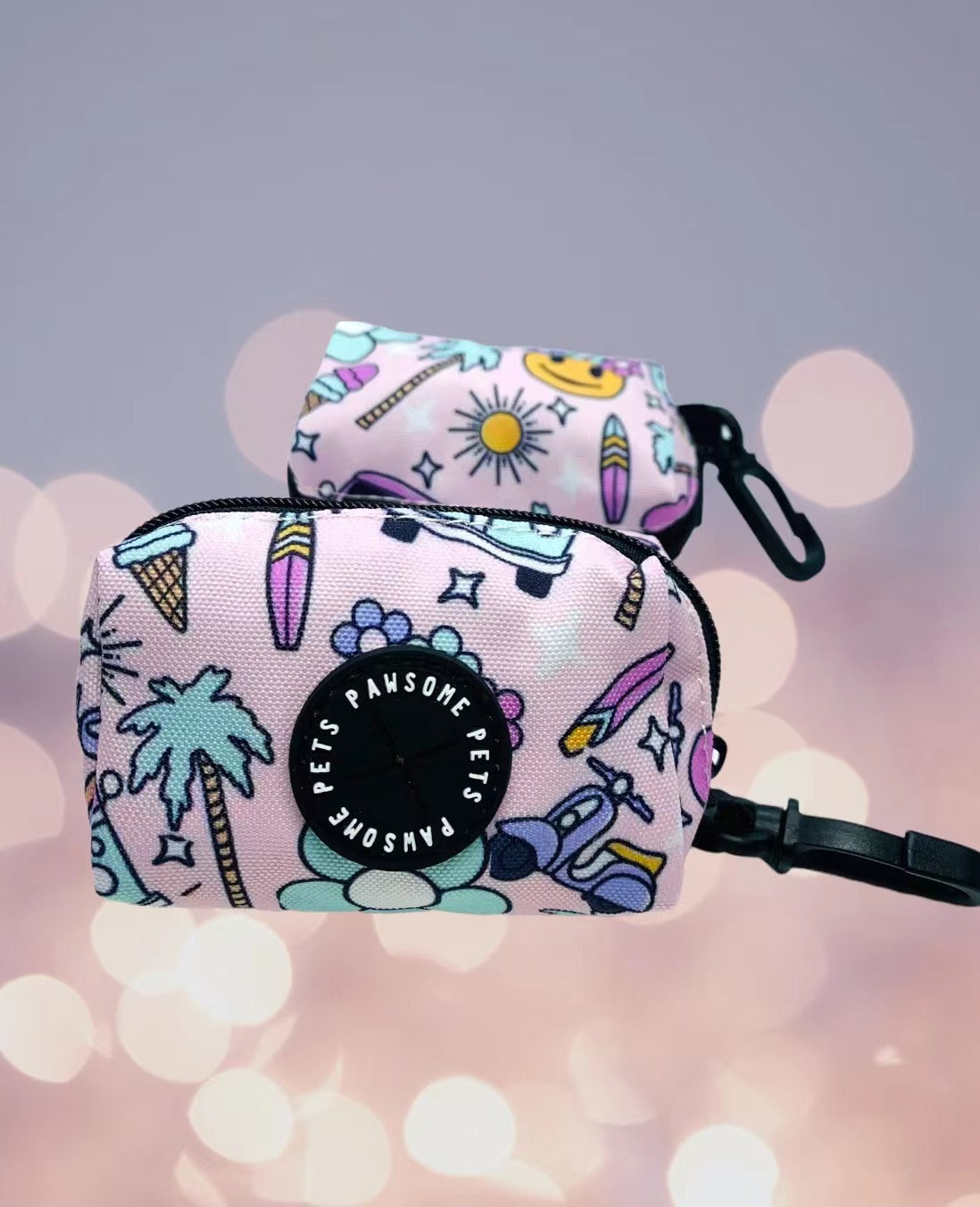 WASTE BAG HOLDER-SMILE EVERYDAY in black neoprene with a waste bag roll attached, showcasing its compact design and clip feature.