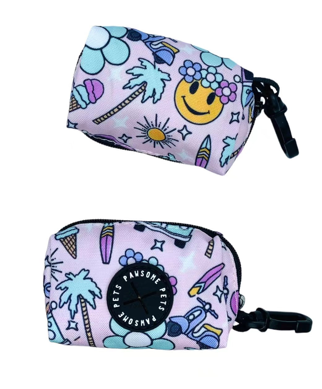 WASTE BAG HOLDER-SMILE EVERYDAY in black neoprene with a waste bag roll attached, showcasing its compact design and clip feature.