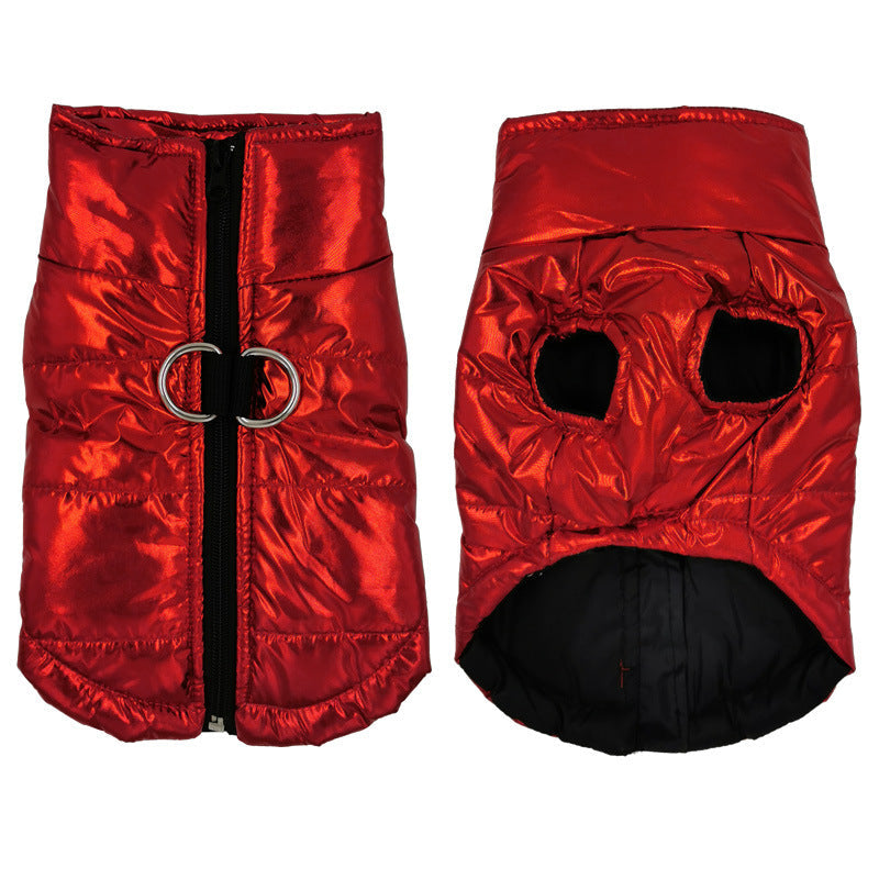 A stylish waterproof jacket for dogs and cats, featuring a warm vest design suitable for winter wear, available in various sizes.