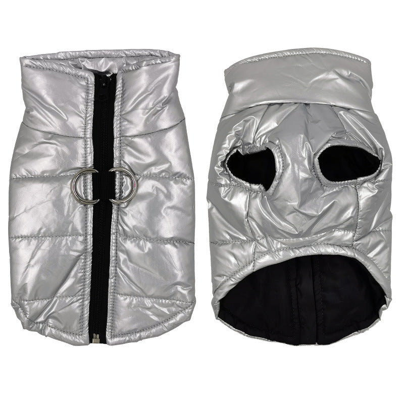 A stylish waterproof jacket for dogs and cats, featuring a warm vest design suitable for winter wear, available in various sizes.
