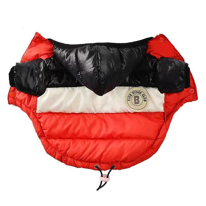 A stylish waterproof jacket for dogs and cats, featuring a warm vest design suitable for winter wear, available in various sizes.