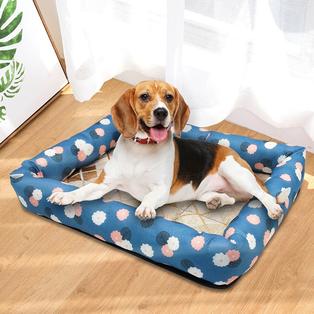 Beagle lying on floral bed.