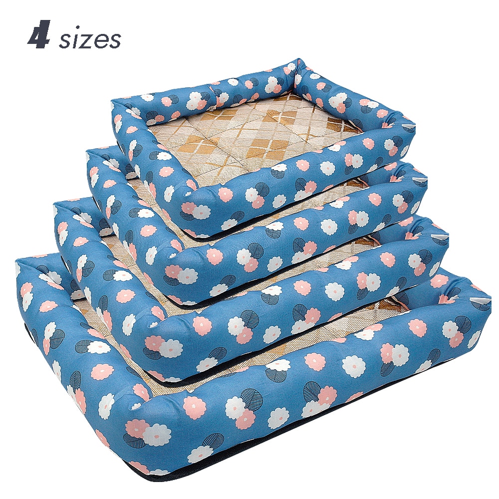 Stacked floral-patterned pet beds.