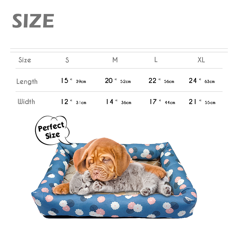 Pet bed sizes with dog illustration.