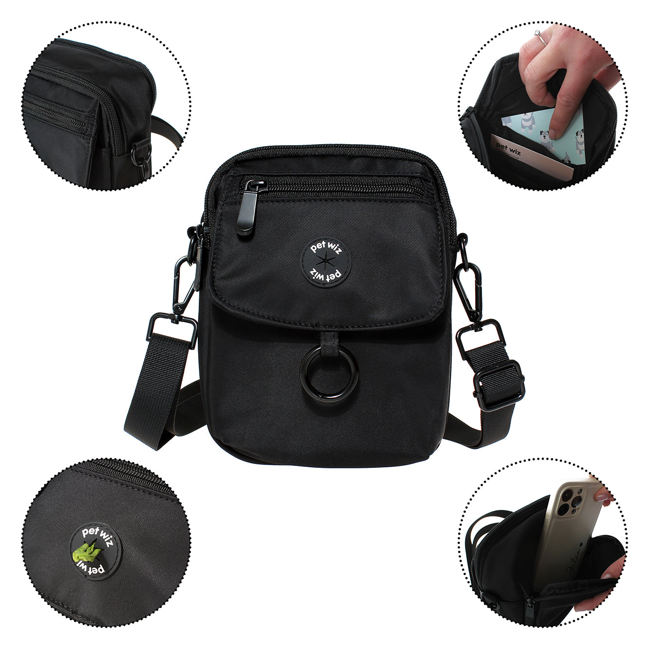 A stylish waterproof dog walking bag with multiple compartments, designed for pet owners to keep essentials organized during walks.
