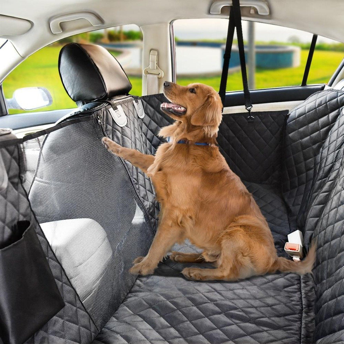 Waterproof Pet Car Seat Cover in black and gray, designed to protect car seats from pet hair and spills, featuring adjustable straps and side flaps.