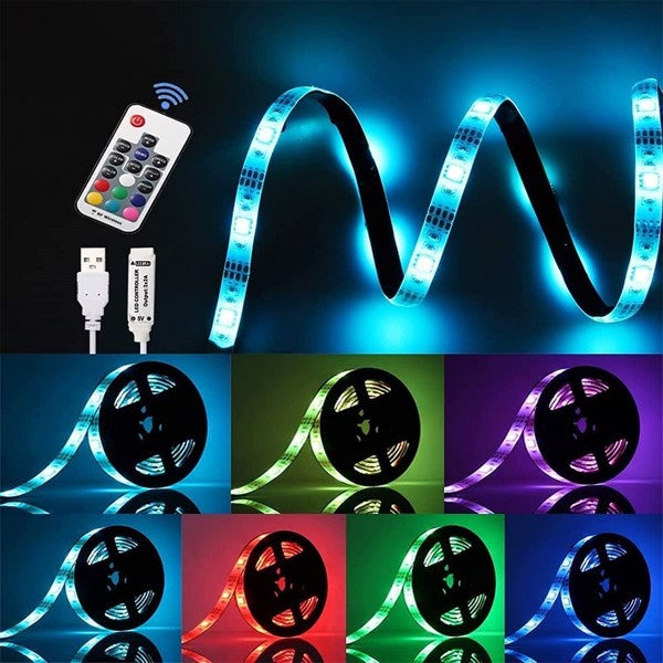 Waterproof RGB LED strip lights for bedroom and TV backlighting, showcasing vibrant colors and remote control features.