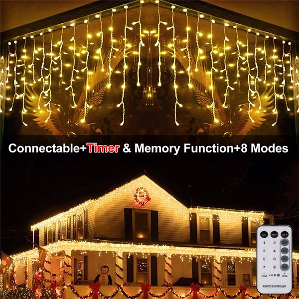 A beautiful display of Wedding Party LED Fairy Christmas Curtain Icicle Lights hanging elegantly, showcasing their vibrant colors and icicle design.