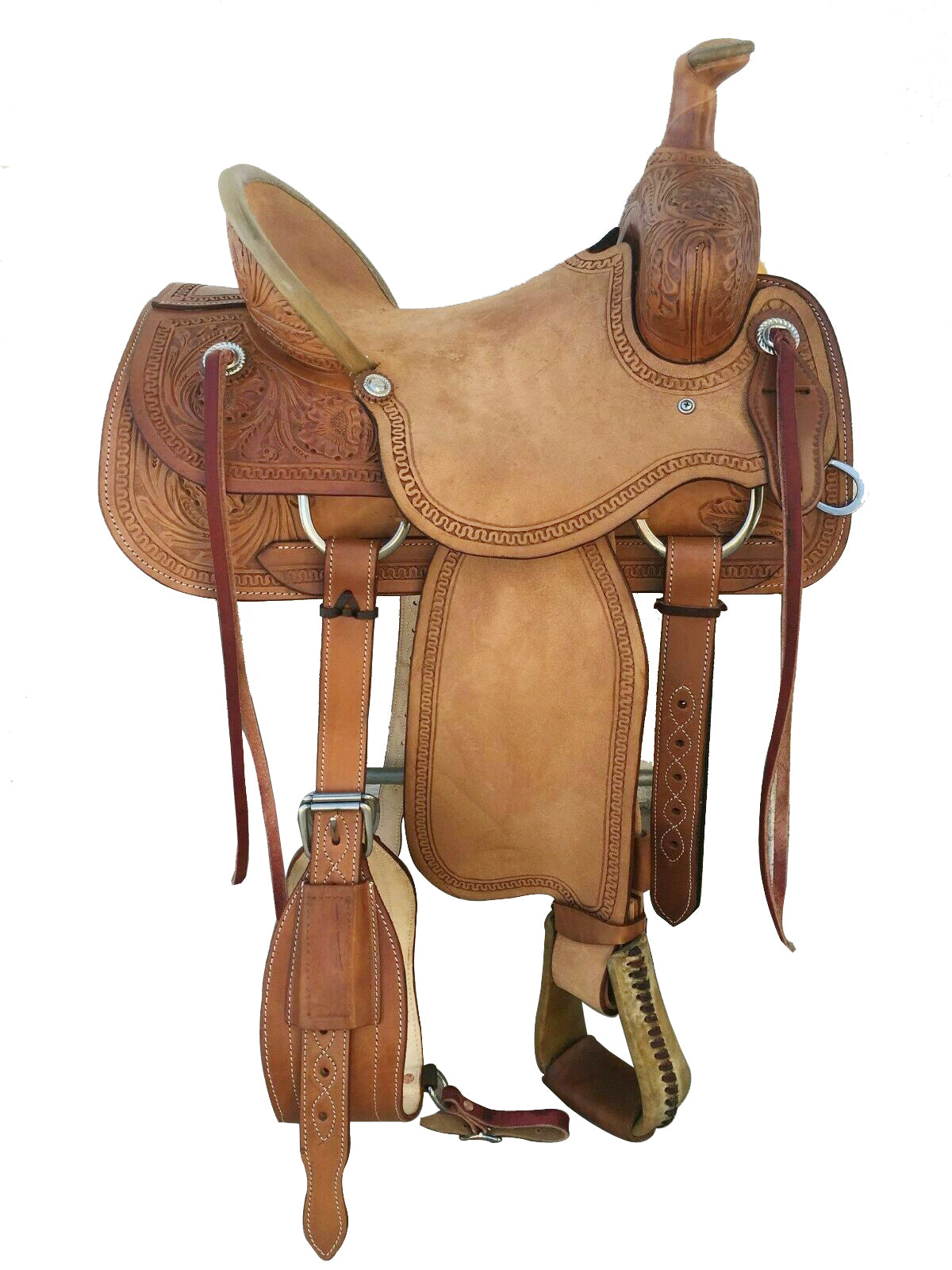 Western Brown Rough Out Leather Roper Ranch Horse Saddle, size 15", featuring hand-carved tooling and ergonomic design.