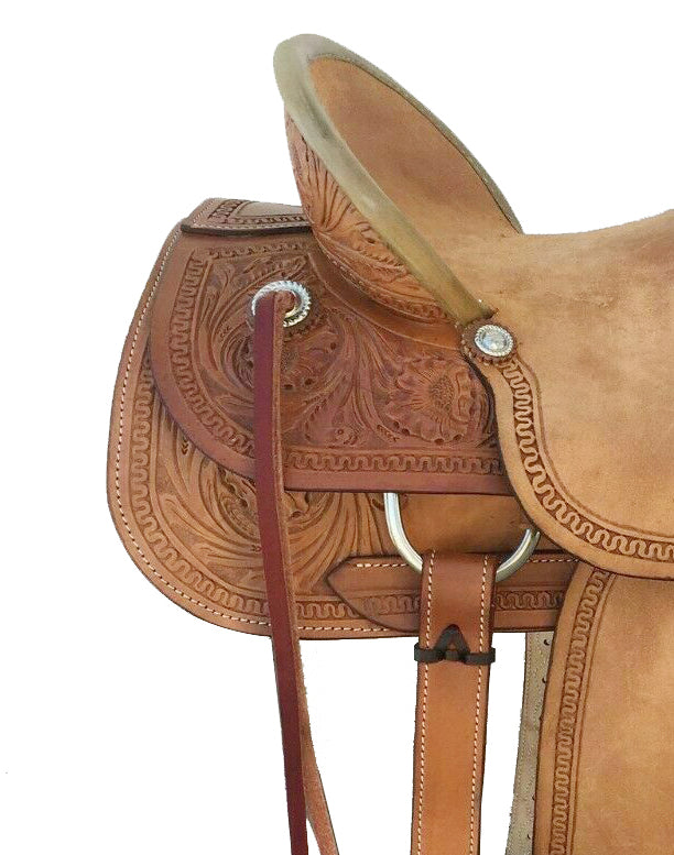 Western Brown Rough Out Leather Roper Ranch Horse Saddle, size 15", featuring hand-carved tooling and ergonomic design.