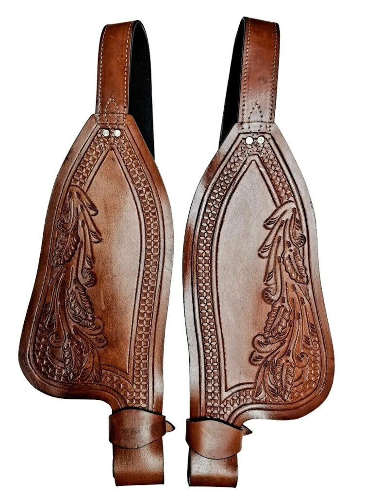 Western leather fender set for horse saddle, showcasing genuine leather craftsmanship and handmade quality.