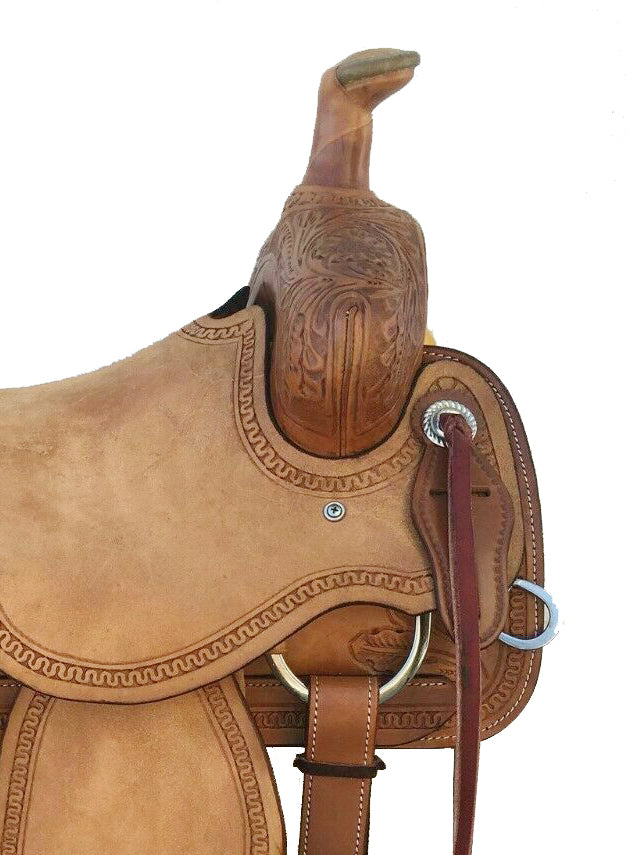 Western Rough Out Leather Hand Carved Roper Ranch Saddle, size 14", featuring premium leather, fern leaf tooling, and ergonomic stirrups.