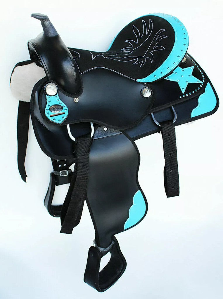 Western Synthetic Barrel Racing Horse Saddle in black with matching tack accessories, showcasing its lightweight design and waterproof material.