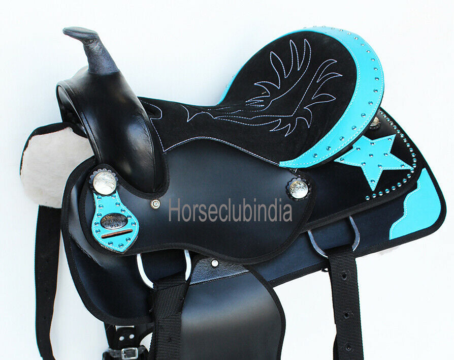 Western Synthetic Barrel Racing Horse Saddle in black with matching tack accessories, showcasing its lightweight design and waterproof material.