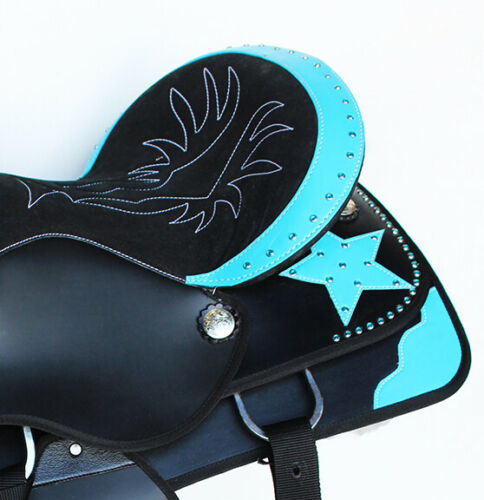 Western Synthetic Barrel Racing Horse Saddle in black with matching tack accessories, showcasing its lightweight design and waterproof material.