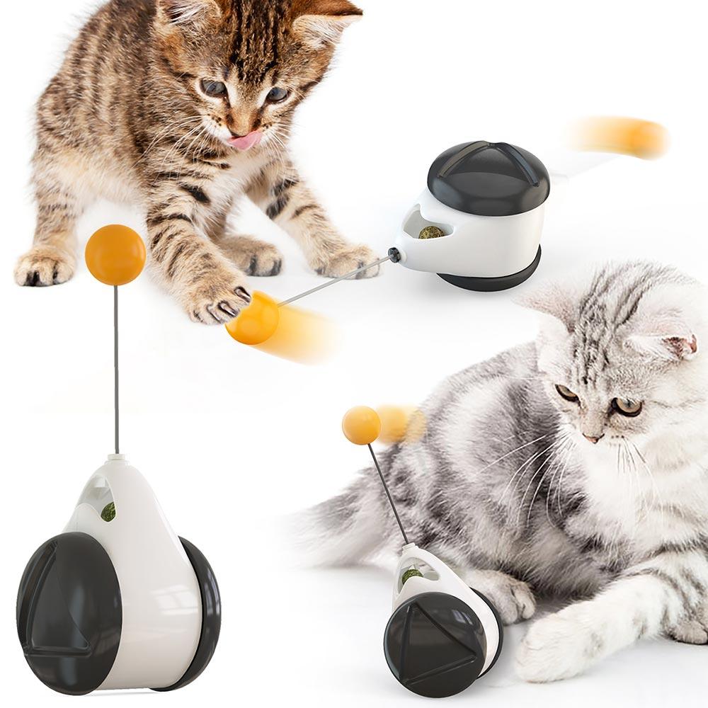 A cute black and white wheel self-balance pet toy designed for interactive play with cats, featuring a mint ball for attraction.