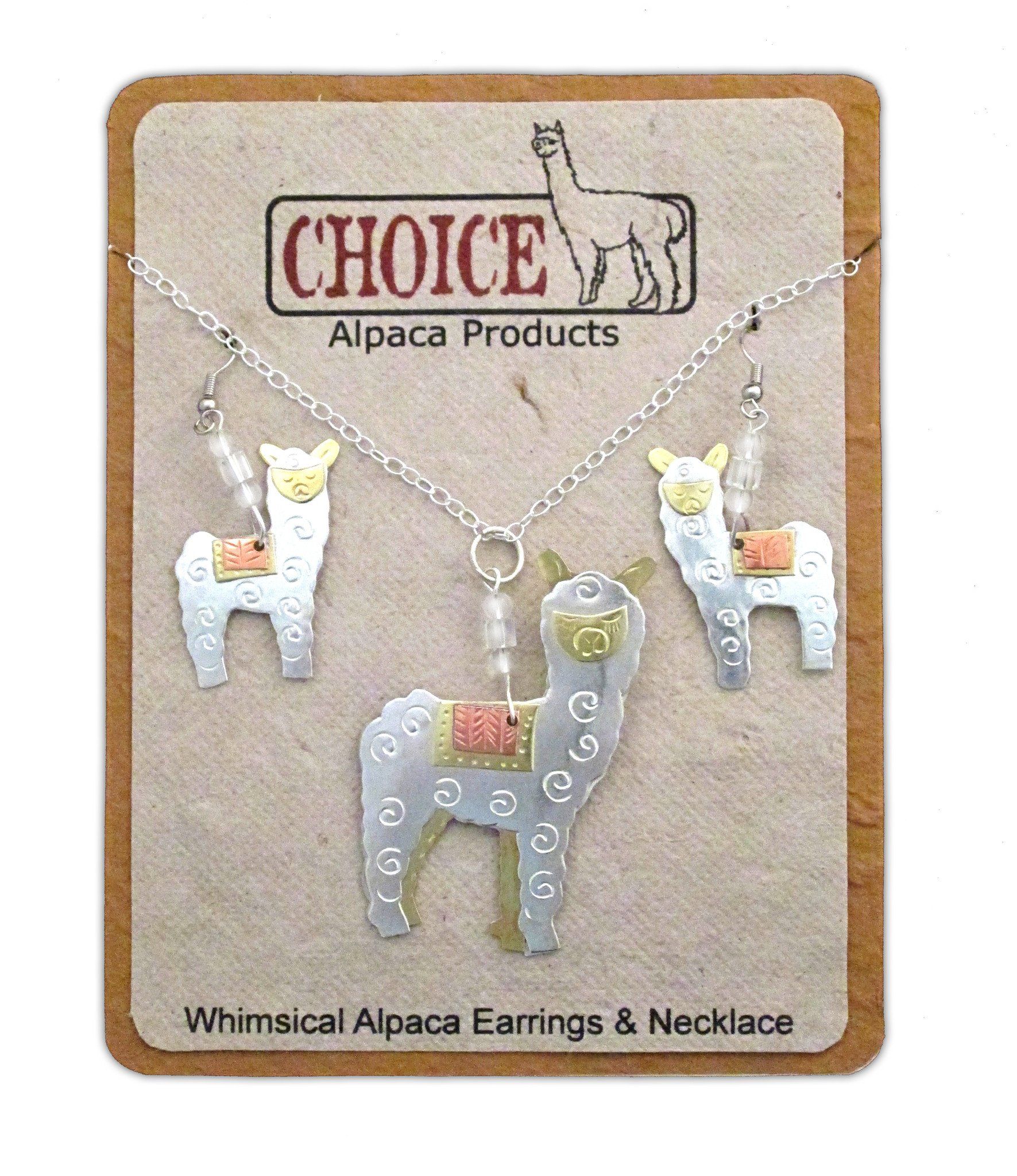 Whimsical Alpaca Necklace and Earrings set featuring charming alpaca designs, handcrafted from plated nickel, copper, and brass.