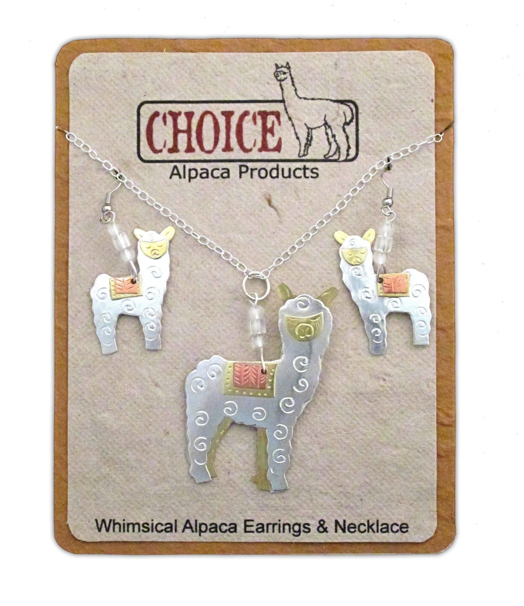 Whimsical Alpaca Necklace and Earrings set featuring charming alpaca designs, handcrafted from plated nickel, copper, and brass.