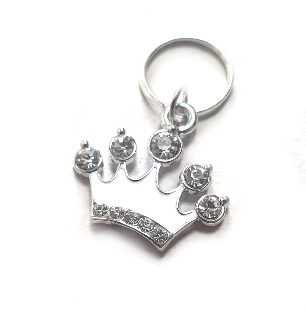White Crown Small Pet Collar Charm featuring white enamel and sparkling crystals, designed for small pets.