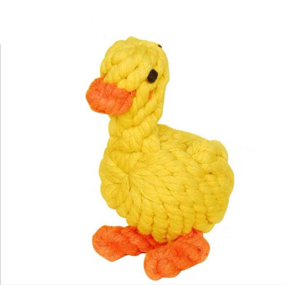 Wiggles Knot Cotton Rope Dog Toy in the shape of a duck, made from durable cotton and polyester, colorful and engaging for small to medium-sized dogs.