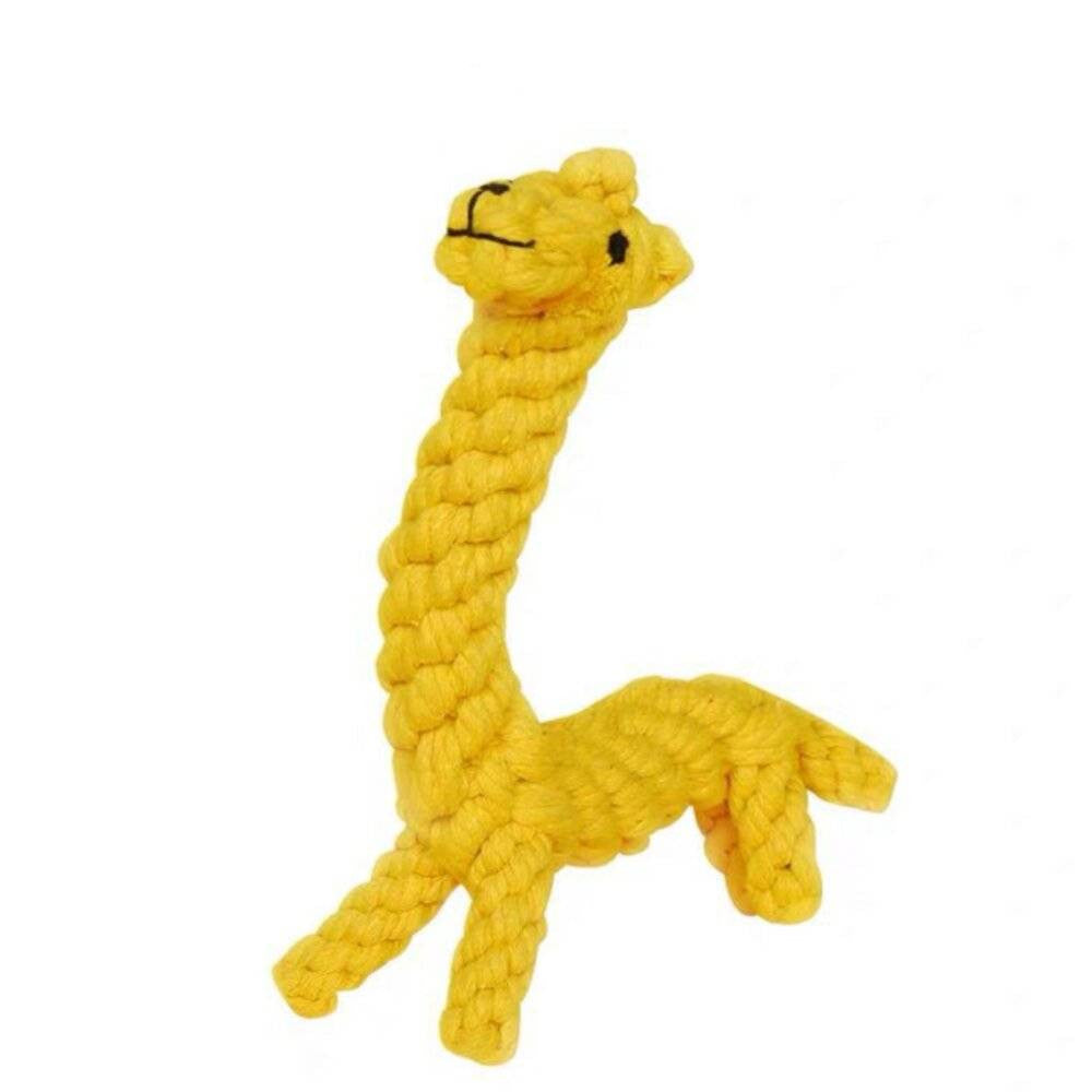 Wiggles Knot Cotton Rope Dog Toy in the shape of a giraffe, made from durable cotton and polyester, colorful and perfect for small to medium dogs.