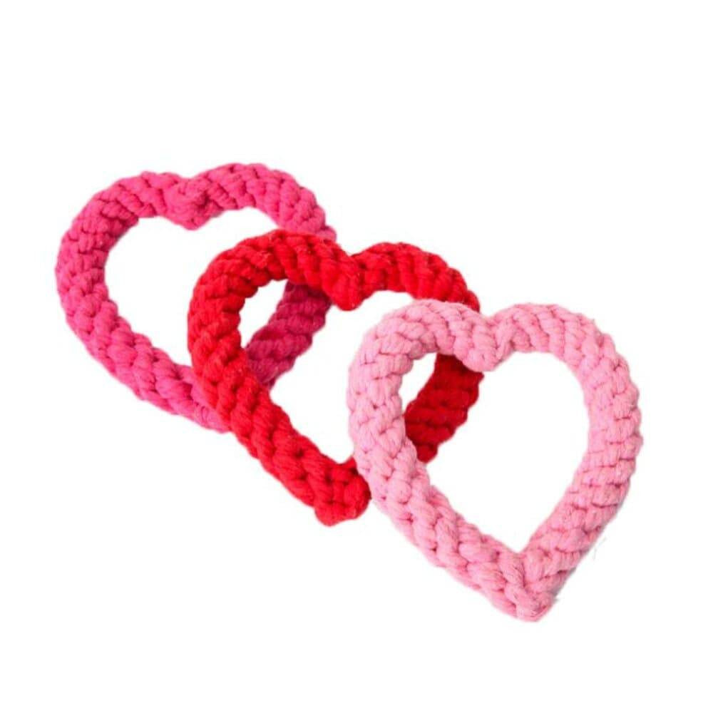 Wiggles Knot Cotton Rope Dog Toy in heart shape, colorful and durable, perfect for small to medium-sized dogs.
