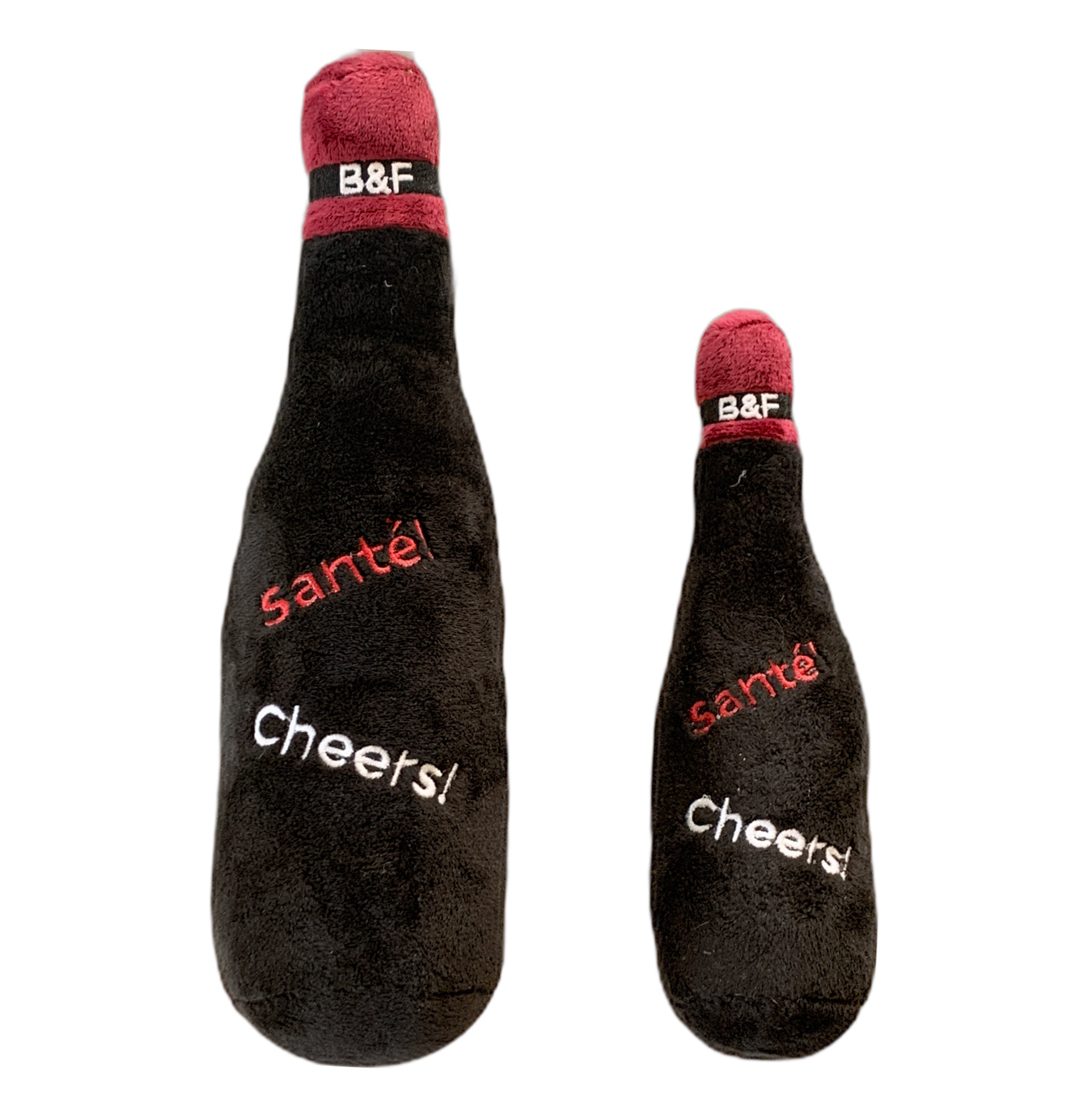A plush dog toy shaped like a wine bottle in Bark'gundy color, featuring a squeaker and made from soft recycled materials.
