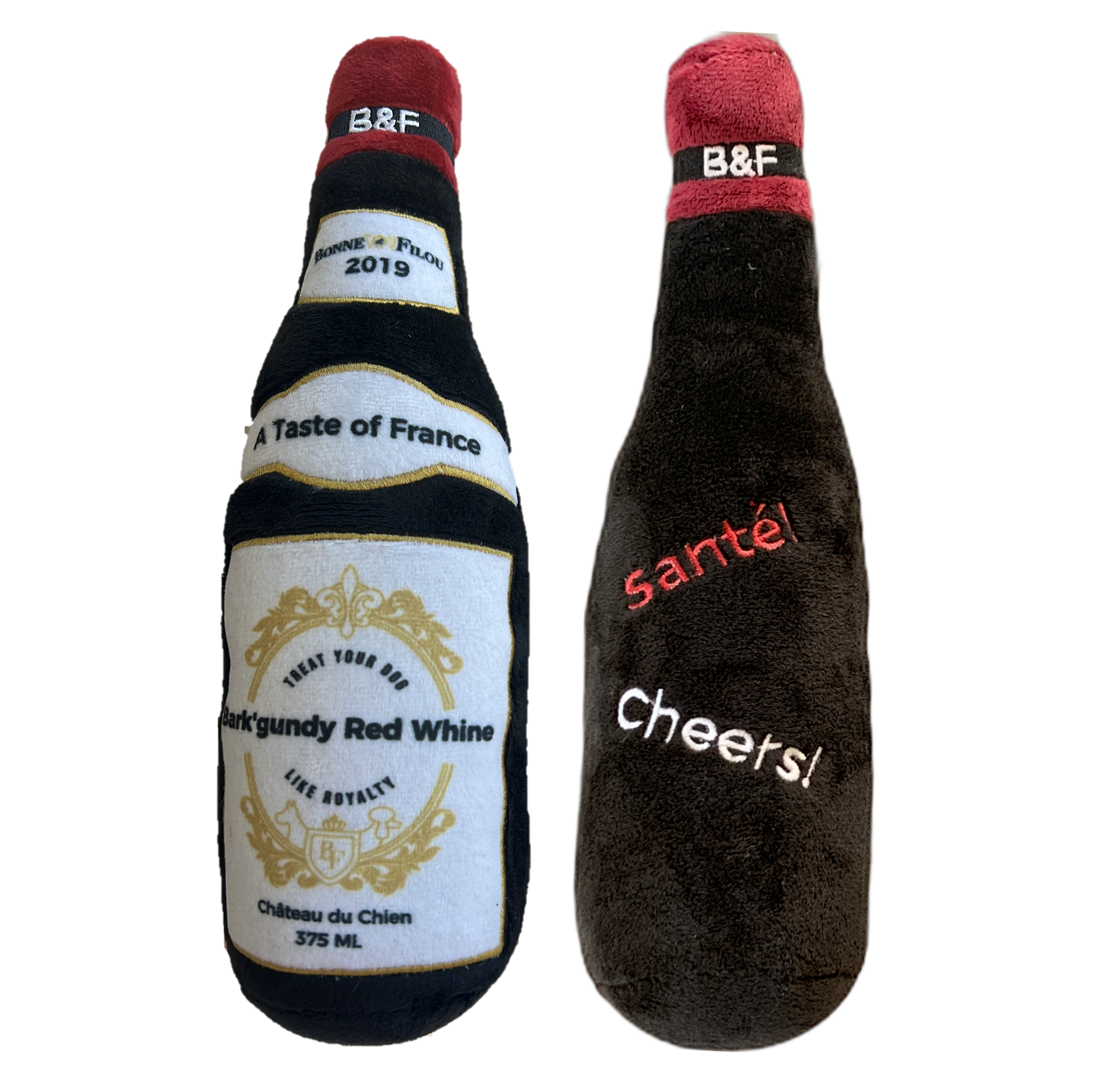 A plush dog toy shaped like a wine bottle in Bark'gundy color, featuring a squeaker and made from soft recycled materials.