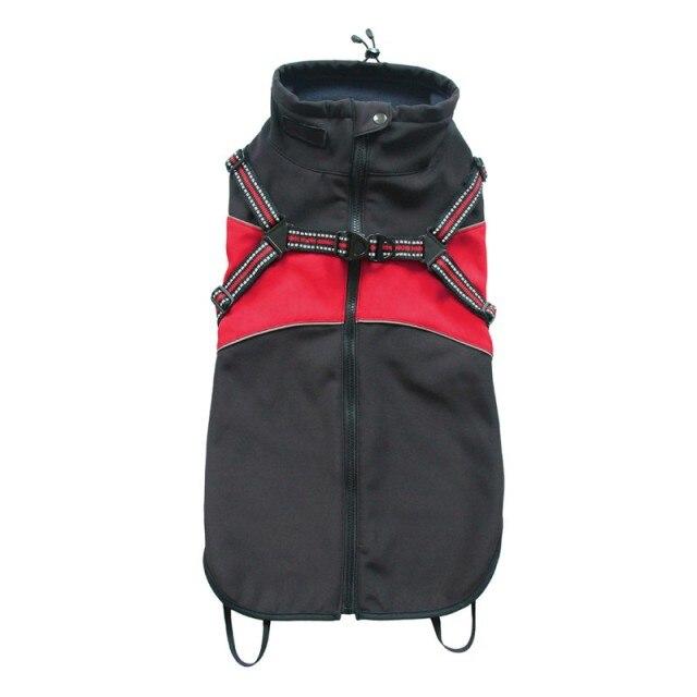 A small dog wearing a waterproof winter vest jacket, showcasing its stylish solid design and warm cotton material, perfect for cold weather.